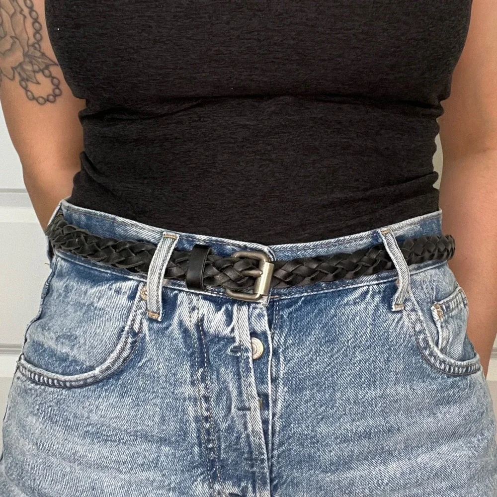 Braided Belt Women Large Black Genuine Leather Slim Woven Silver Buckle